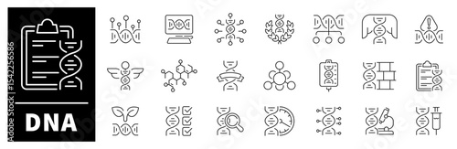 DNA icon set. Thin line icons set related to DNA and genetics. Biotech, DNA, genomes, genetic molecule structure, biotechnology icons