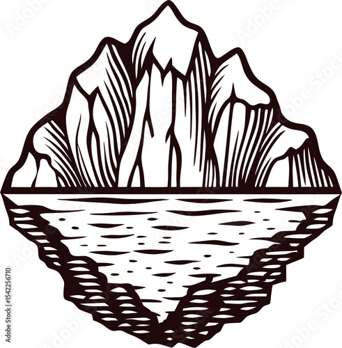 Hand drawn iceberg floating on water with detailed line illustration and textured ocean surface