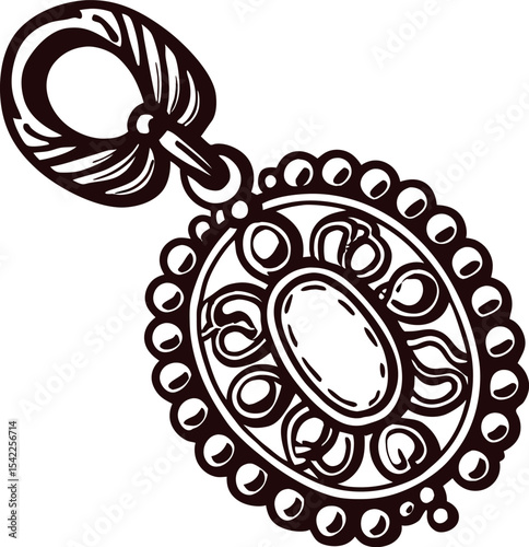 Vintage engraved oval pendant with ornate floral pattern and rope bail, hand drawn black and white illustration