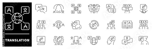 Translate icon set. Thin line icons set related to translation and translator. Translation web icons in line style. Collection of translation related outline icons