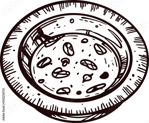 Hand drawn vintage bowl of lentil soup with spoon isolated on white background, engraved sketch illustration