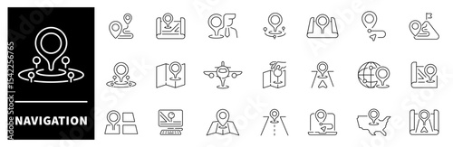 Navigation icon set. Thin line icons set related to navigation and location. Navigation web icons in line style. Collection of navigation related outline icons