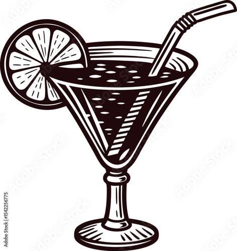 Hand drawn cocktail glass with lemon slice and straw, classic engraved illustration, refreshing summer drink art