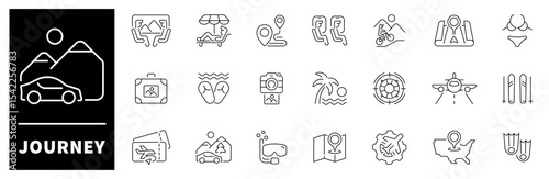 Journey icon set. Thin line icons set related to journey and travel. Journey web icons in line style. Collection of journey related outline icons