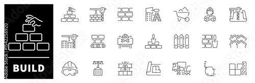 Build icon set. Thin line icons set related to building and construction. Building web icons in line style. Collection of build related outline icons