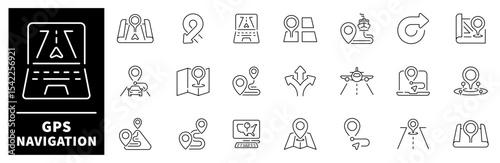 GPS navigation icon set. Thin line icons set related to GPS and navigation. GPS navigation web icons in line style. Collection of GPS related outline icons