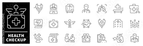Health checkup icon set. Thin line icons set related to health checkup and health care. Health checkup web icons in line style.