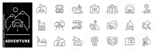 Adventure icon set. Thin line icons set related to adventure and travel. Adventure web icons collection in line style.