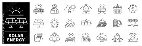 Solar energy icon set. Thin line icons set related to solar energy and electricity. Solar energy icons collection in line style. Power, energy resources, electricity; solar energy, electric icons