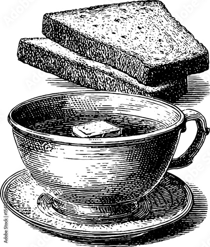 Vintage engraving of soup bowl with bread slice for classic culinary design