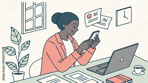 Woman using phone at desk with laptop, papers, plant, clock and coffee in a minimalist style scene