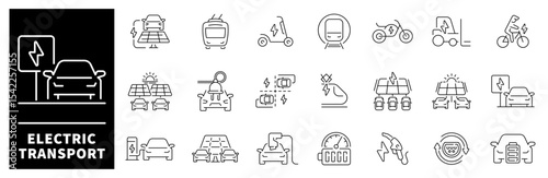 Electric transport icon set. Thin line icons set related to electric transportation and vehicles. Electric transport icons collection in line style.