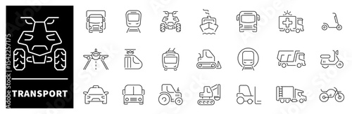 Transport icon set. Thin line icons set related to transport and vehicles. Transport icons collection in line style. Car, bike, plane, train, bicycle, motorbike, bus and scooter icons.