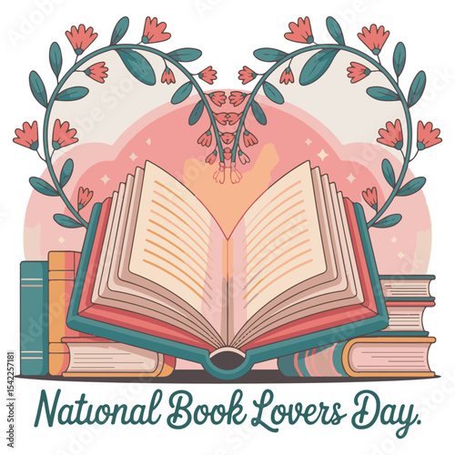 National book lovers day illustration with open book floral design and reading appreciation.