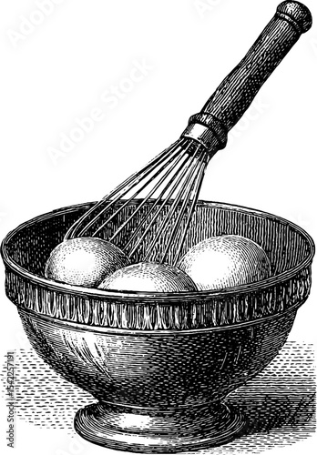 Vintage engraving of bowl with whisk and eggs for kitchen art and culinary design