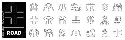 Road elements collection. Road vector icons in line style. Thin line icons related to road and traffic