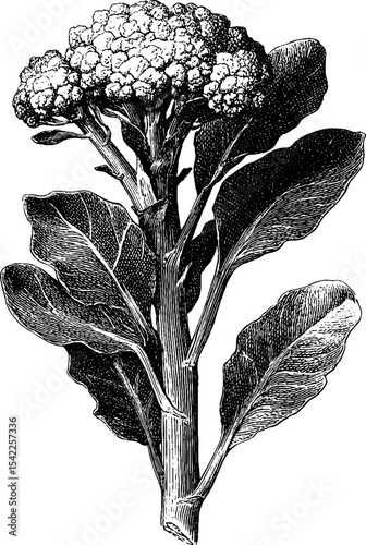Broccoli floret in vintage engraving style for botanical design and aesthetic appeal