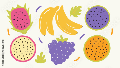 Colorful assortment of tropical fruits including dragon fruit bananas and grapes in a playful arrangement