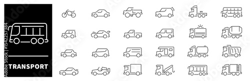 Transport vector icons collection. Thin line icons related to vehicles and transport. Car shapes vector icons in line style. Sedan, coupe, hatchback, SUV, convertible, station wagon, minivan, pickup t