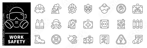 Work safety elements collection. Work safety vector icons in line style. Thin line icons related to safety work and workplace