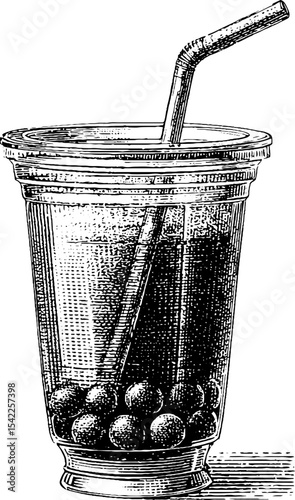 Vintage engraving of a bubble tea cup with straw for retro designs