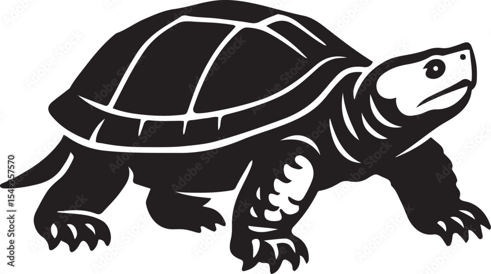 Fototapeta premium Walking turtle silhouette black and white sketch, Tortoise in motion simple outline design