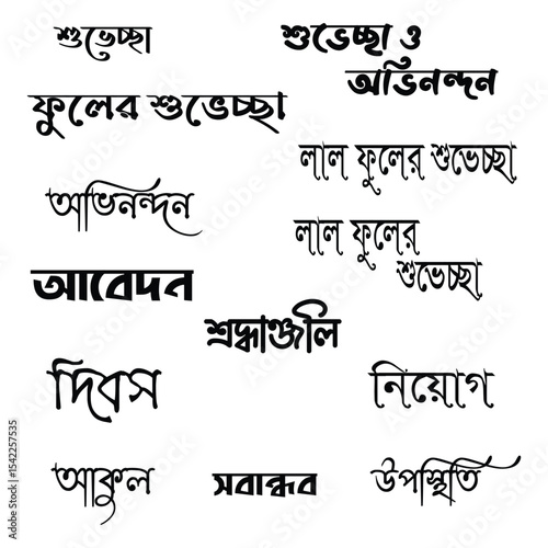 Various bengali calligraphy text with artistic script isolated on white background