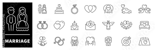 Marriage vector icons collection. Thin line icons related to marriage and love. Marriage vector icons in line style