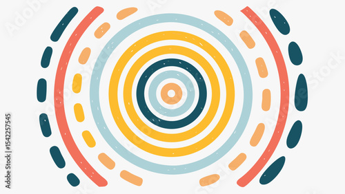 Circular pattern with concentric rings in various colors and dashed line segments on white background