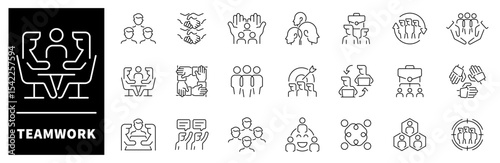 Teamwork vector icons collection. Thin line icons related to teamwork and partnership. Teamwork vector icons in line style