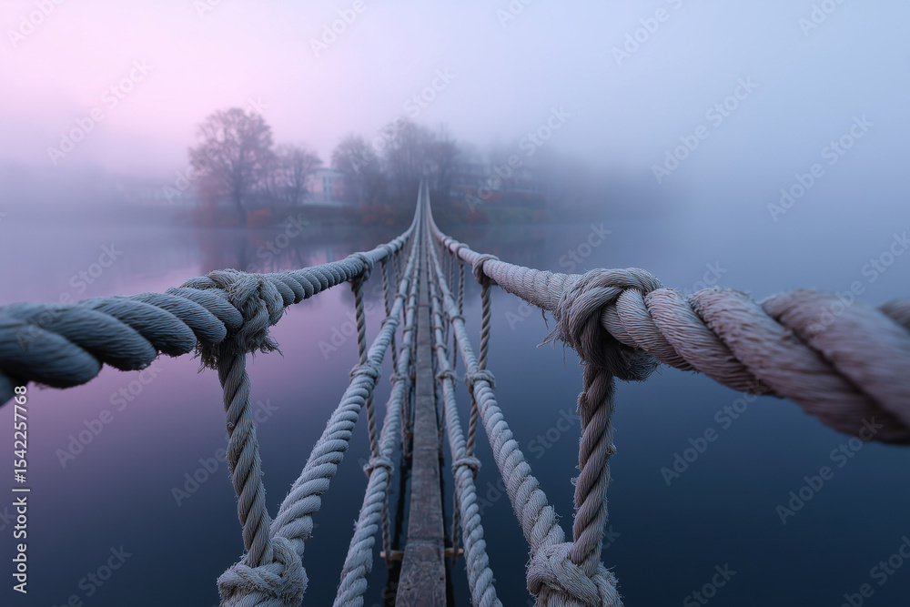 Fototapeta premium Misty Rope Bridge Over Calm Lake at Dawn with Foggy Landscape