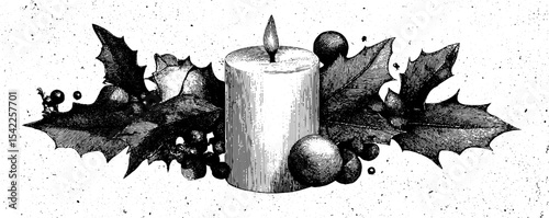 Vintage candle and holly border in engraving style for holiday decorations