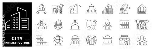 City infrastructure vector icons collection. Thin line icons related to infrastructure and city development. Infrastructure vector icons in line style