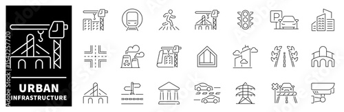 Urban infrastructure vector icons collection. Thin line icons related to urban infrastructure and city development. Infrastructure vector icons in line style