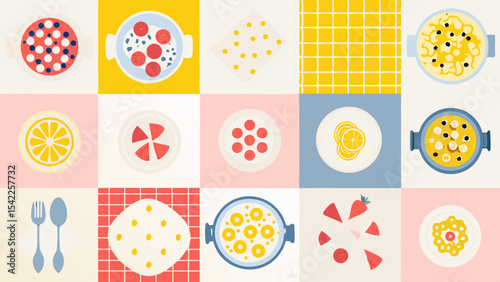 Overhead view of colorful food and kitchenware arrangements in a grid pattern with various backgrounds