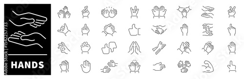 Hand gestures vector icons collection. Thin line icons related to hand gestures and sign language. Hand gestures vector icons in line style