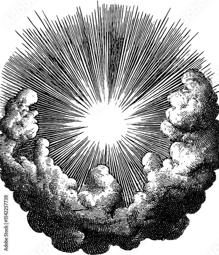 Vintage engraving style sunburst design with radiant light and clouds