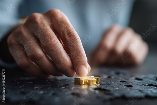 Close-up of a person's hand placing a golden puzzle piece on a black puzzle surface, symbolizing problem-solving and teamwork