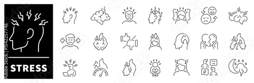 Stress vector icons collection. Thin line icons related to stress and anxiety. Stress vector icons in line style
