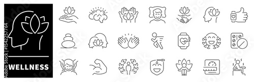Wellness vector icons. Thin line icons related to wellness and mental health. Wellness vector icons in line style