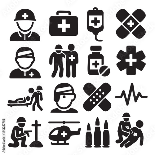 Black and White War Medic Icons Soldiers Supplies and Medical Care.
