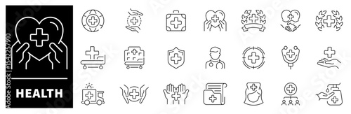 Health vector icons. Thin line icons related to health and medicine. Health vector icons in line style