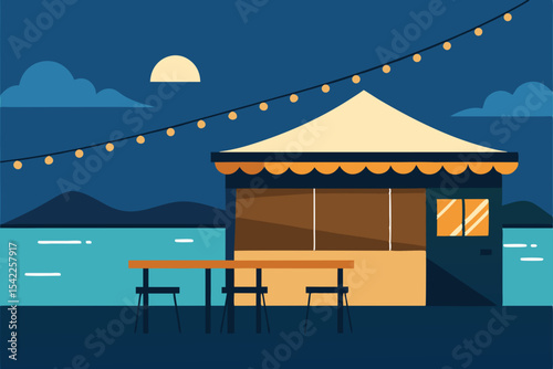 Traditional Asian beach hut with a view of the night sky and ocean