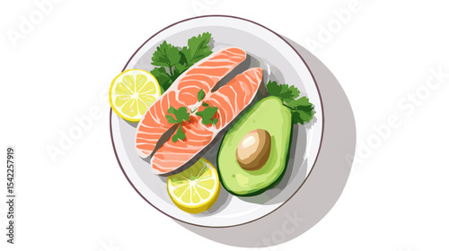Plate with salmon avocado and lemon slices arranged neatly on white background Nutrition and diets