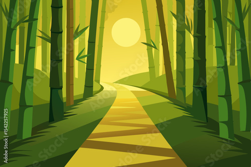 Japanese bamboo forest in the morning, a tranquil illustration of nature's growth and zen