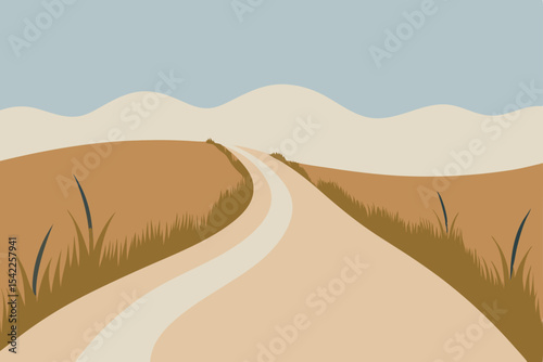 A dry, hot summer day reveals a winding road through the vast desert landscape, with golden sand dunes meeting the clear sky