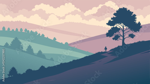 A lone figure walks towards a tree on a hill in a pastel landscape with rolling hills and a cloudy sky above