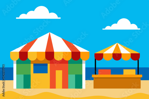 Circus tent vector illustration on a sunny beach with a blue sky and a protective parasol