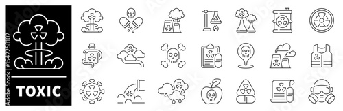 Toxic vector icons.Thin line icons related to toxic and radioactive. Toxic vector icons in line style.
