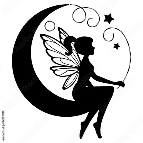 Silhouette of a fairy sitting on a crescent moon